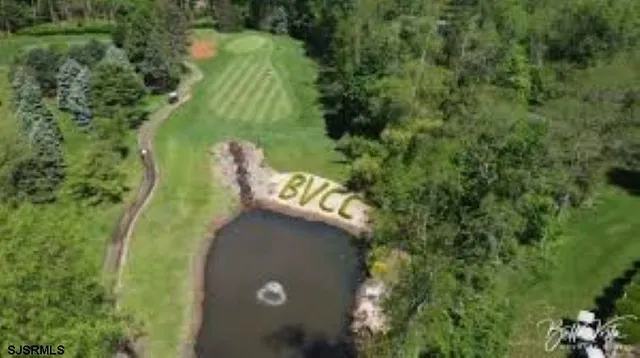 an aerial view of a house with a yard and trees all around