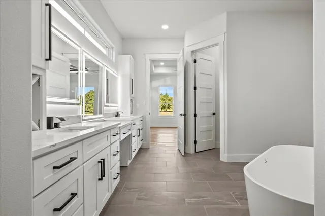 a bathroom with a double vanity sink a large mirror a bathtub and shower