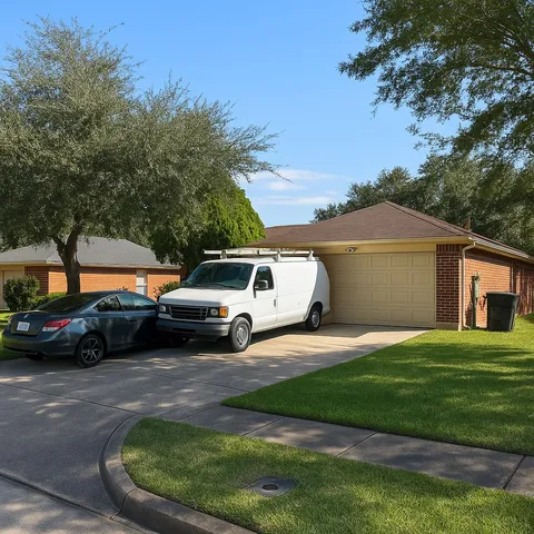 a front view of a house with a garden and parking
