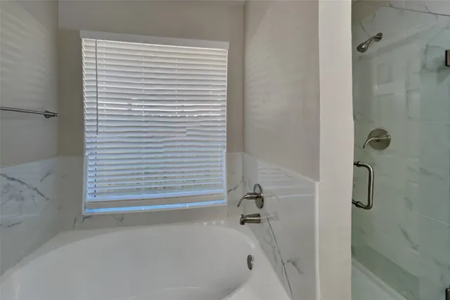 a bathroom with a bathtub and a shower