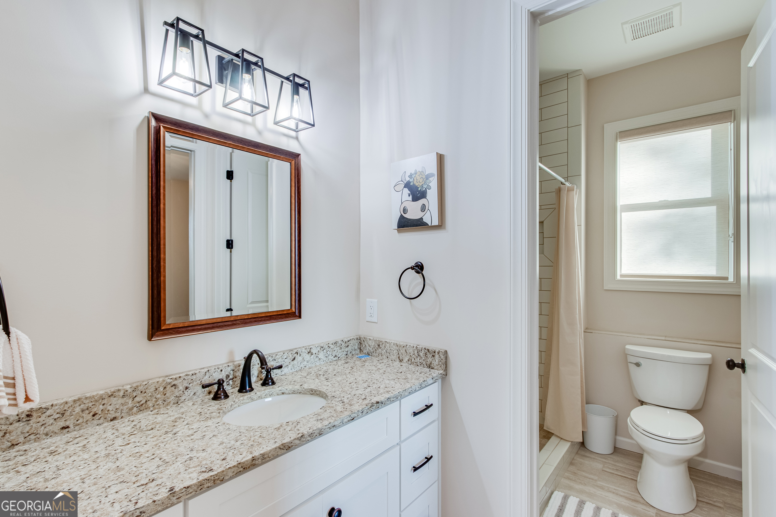 103 Bent Grass Way Clayton, GA 30525 - Photo 19 of 28 a bathroom with a granite countertop sink a toilet and a mirror