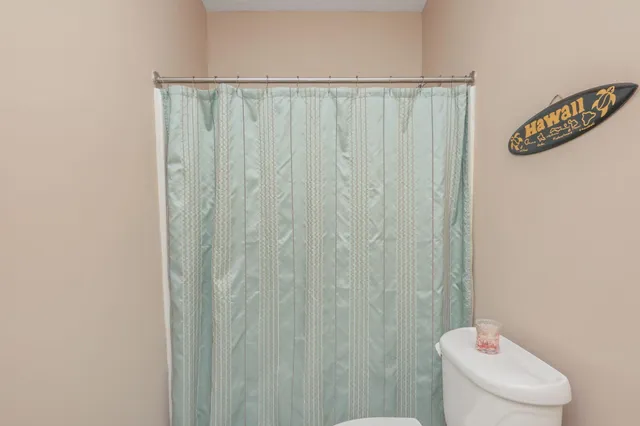 a bathroom with a shower curtain and a toilet