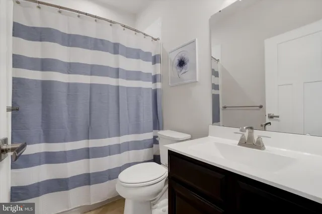 a bathroom with a sink a toilet a mirror and shower curtain