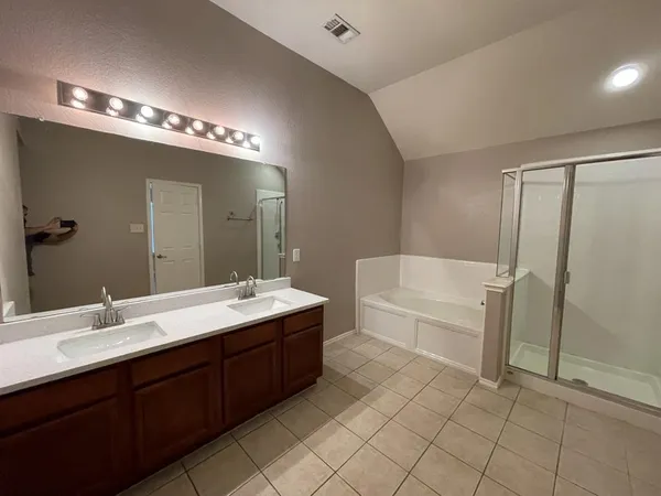 a bathroom with a double vanity sink a large mirror and a bathtub