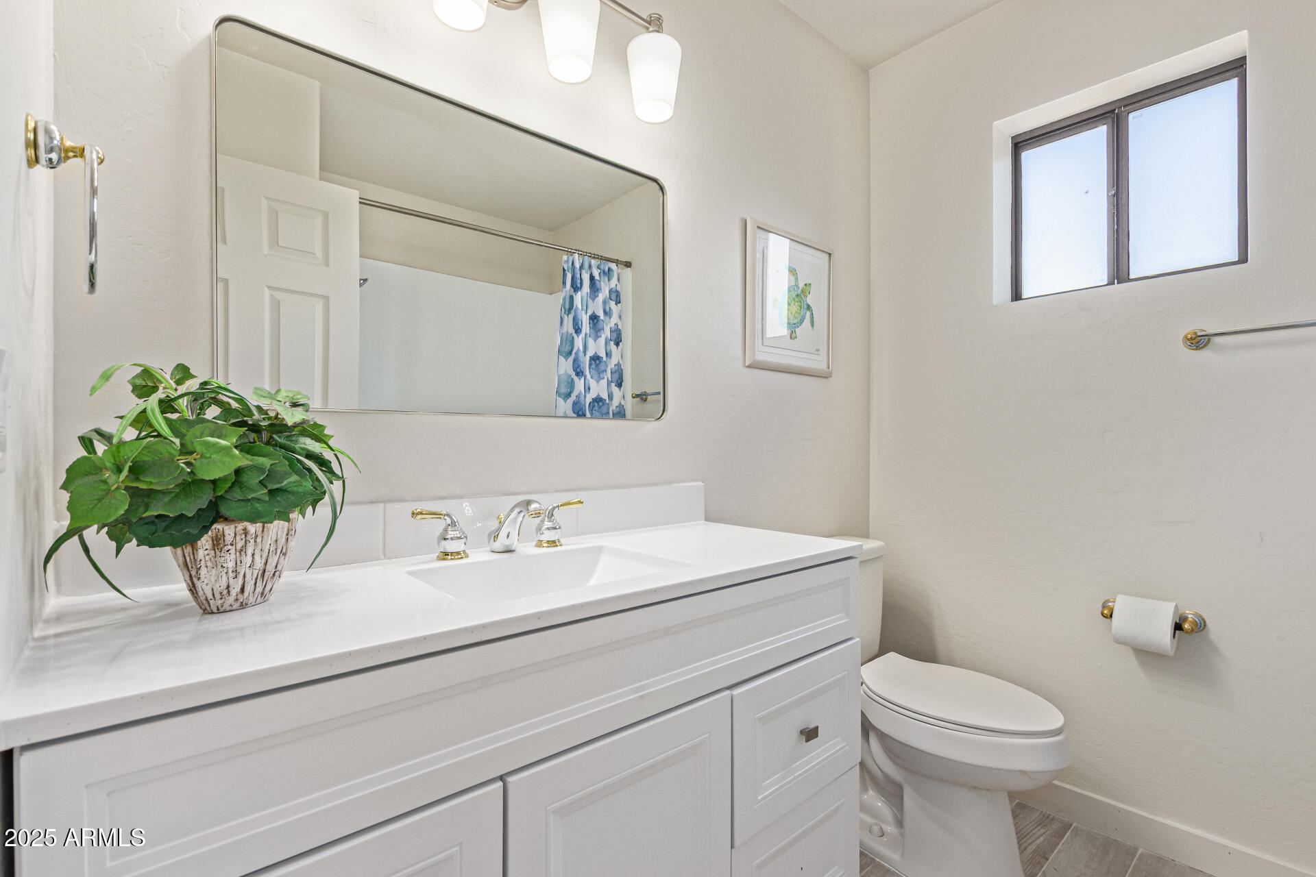 4933 East Downing Street Mesa, AZ 85205 - Photo 32 of 44 a bathroom with a sink a toilet and mirror