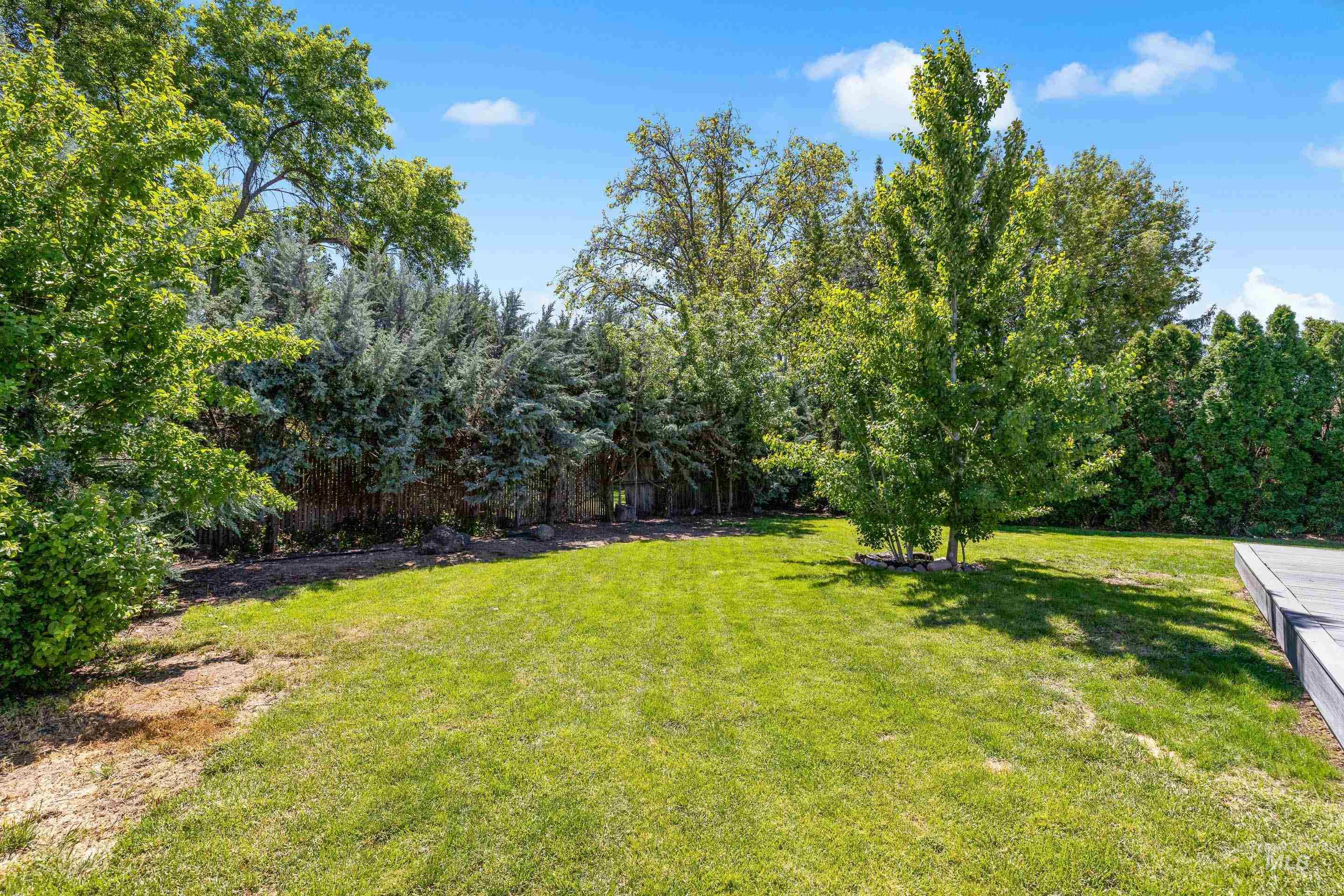 708 South Phillippi Street Boise, ID 83705 - Photo 25 of 25 Expansive grassy yard area with a mature tree, bordered by evergreen hedges and deciduous trees, and featuring a section of composite decking