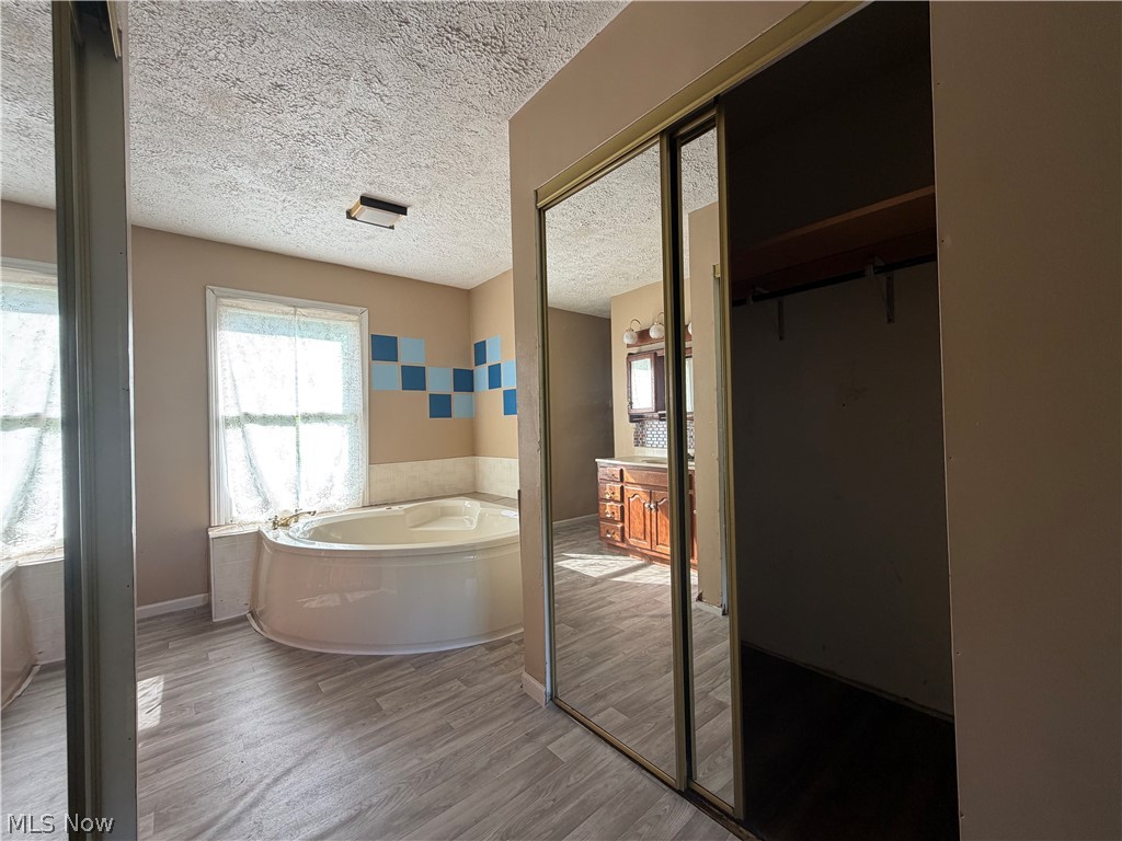 3950 Wolf Road Southwest Port Washington, OH 43837 - Photo 8 of 45 Large built-in bathtub, light wood-finish flooring, mirrored closet doors, and a vanity with wood cabinetry