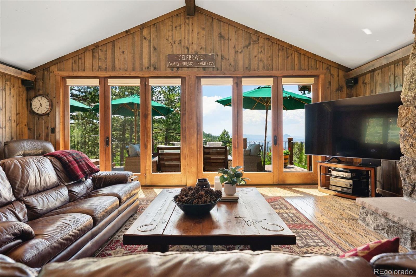 12351 South Ridge Road Conifer, CO 80433 - Photo 22 of 50 a living room with furniture a large window and a flat screen tv