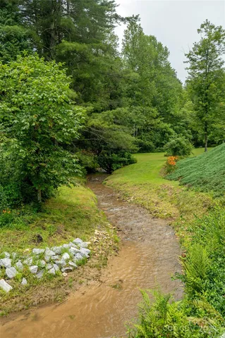 a view of a swimming pool and trees in the background