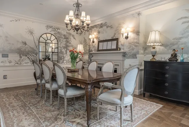 a view of a dining room with furniture