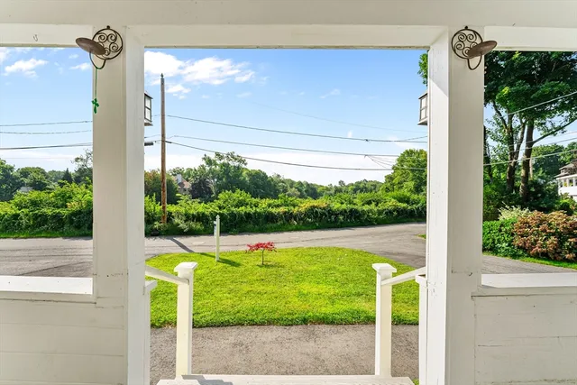 a view of swimming pool from a window