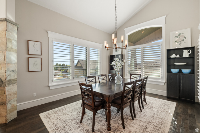 1205 North Elk Rdg Lane, Unit 202 Alpine, UT 84004 - Photo 17 of 88 Dining area featuring vaulted ceilings and dark wood-finish flooring