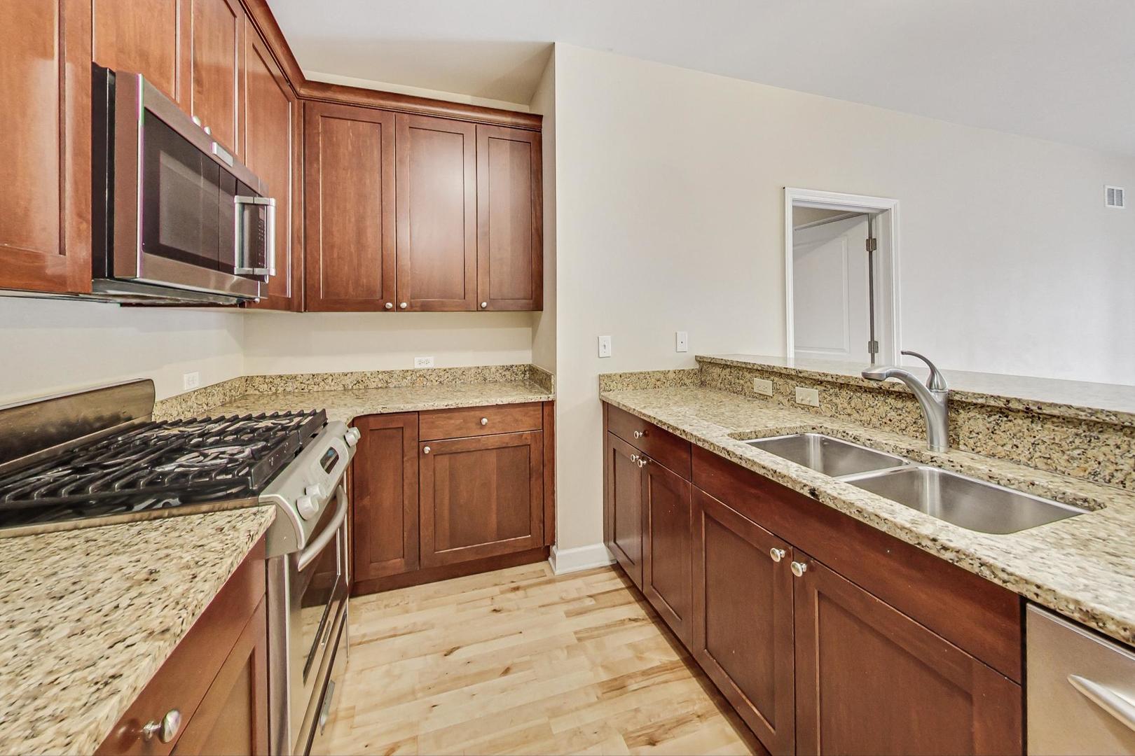 50 North Plum Grove Road, Unit 210E Palatine, IL 60067 - Photo 19 of 47 a kitchen with granite countertop a sink stove and cabinets