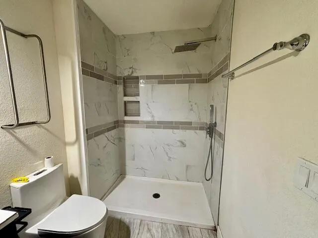a bathroom with a shower and a toilet