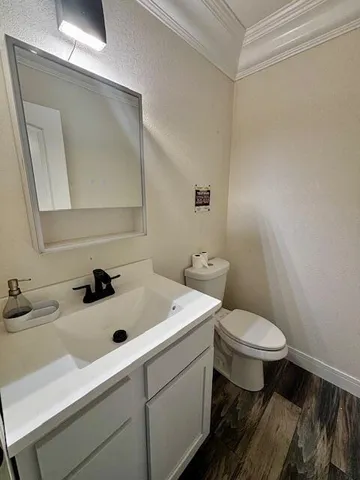 a bathroom with a sink a toilet and mirror