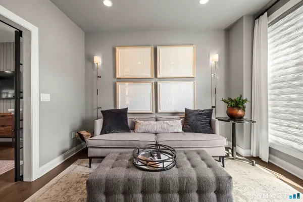 a living room with furniture and a potted plant