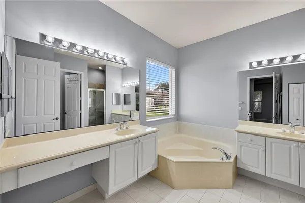 a bathroom with a tub a double vanity sink and mirror