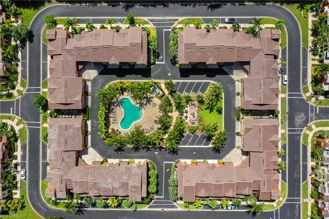 an aerial view of a swimming pool