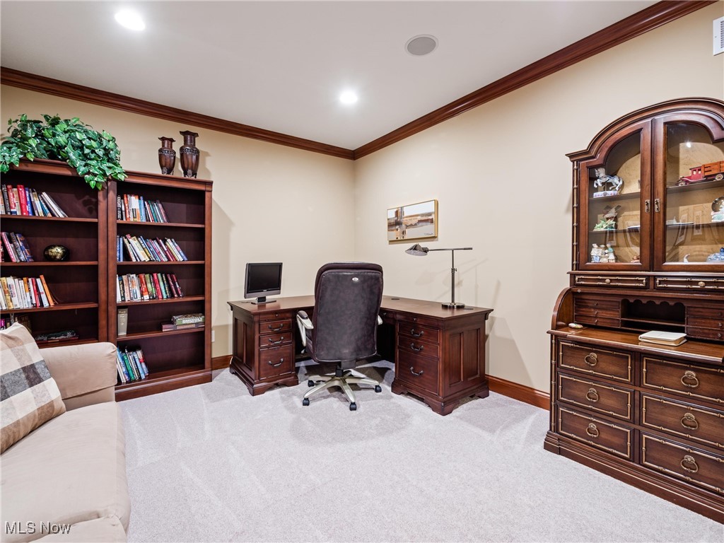 5349 Slater Ridge Westerville, OH 43082 - Photo 5 of 50 Home office featuring ornamental molding, light colored carpet, and recessed lighting