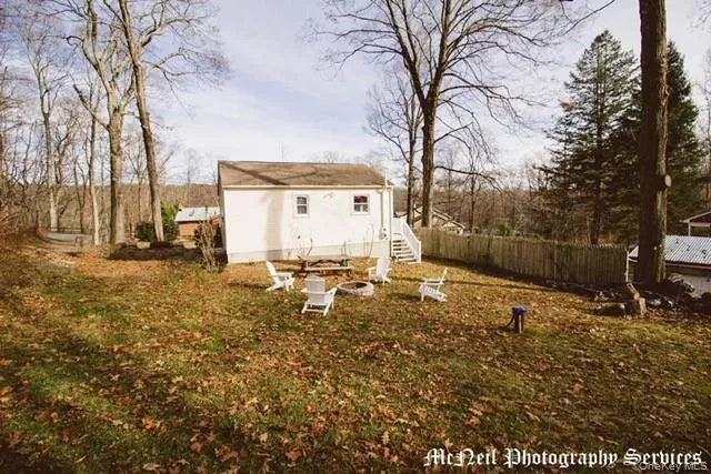 a backyard of a house with table and chairs