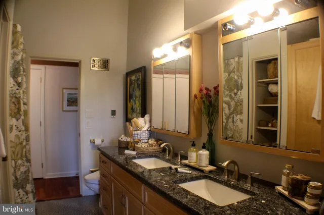 a view of a lush green outdoor space with a lake view and mountain view