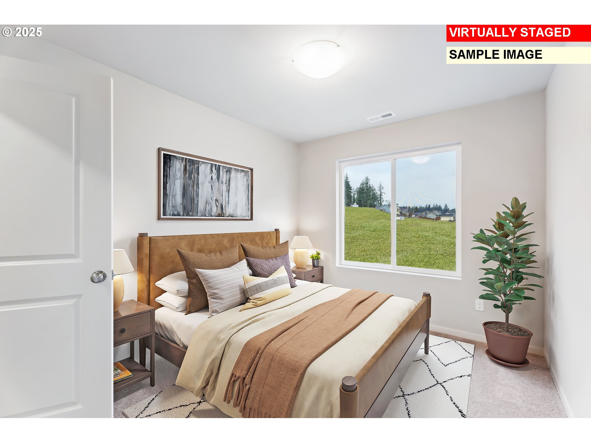 736 Merriott Lane Woodburn, OR 97071 - Photo 17 of 35 a bedroom with a bed and a potted plant