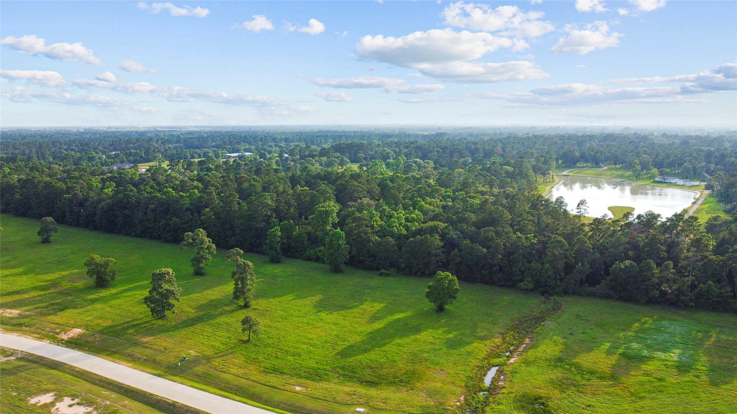 2044 Stallion Lakes Avenue Hockley, TX 77447 - Photo 2 of 17 This angle highlights the depth of the property as it stretches toward the wooded backdrop. It gives a clear sense of the acreage and surrounding landscape.