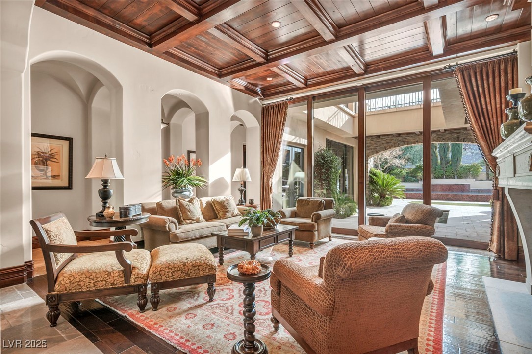 1793 Anelli Court Henderson, NV 89012 - Photo 24 of 47 Common area with a wooden ceiling with exposed beams and coffered ceiling