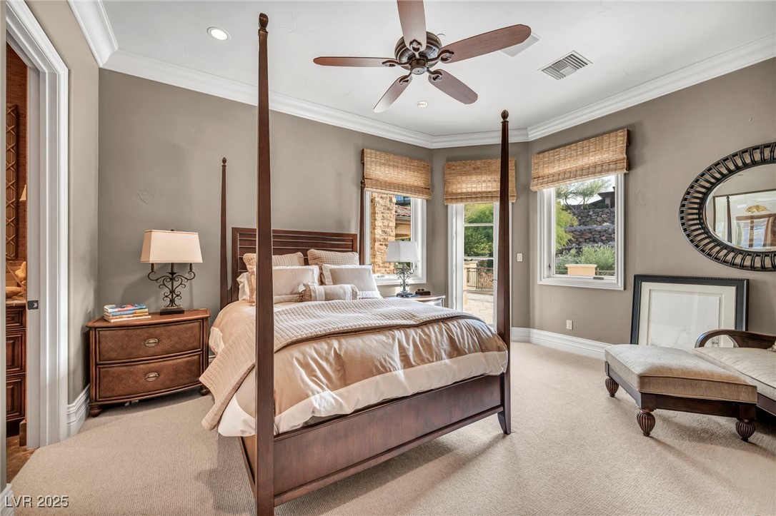 1793 Anelli Court Henderson, NV 89012 - Photo 34 of 47 Carpeted bedroom featuring access to exterior, ceiling fan, crown molding, and recessed lighting