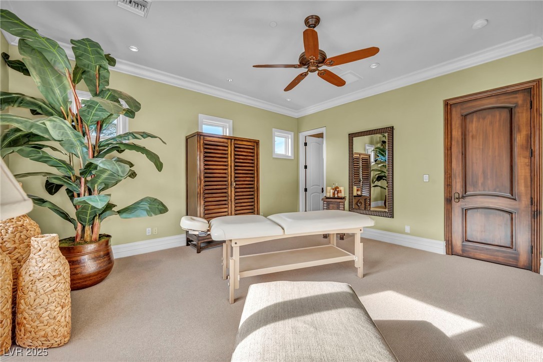 1793 Anelli Court Henderson, NV 89012 - Photo 37 of 47 Bedroom with crown molding, ceiling fan, carpet, and recessed lighting