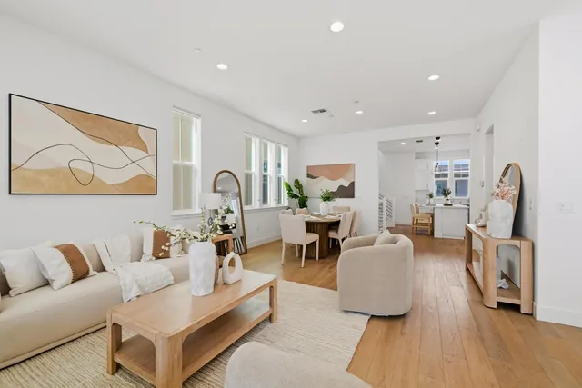 a living room with furniture and a potted plant