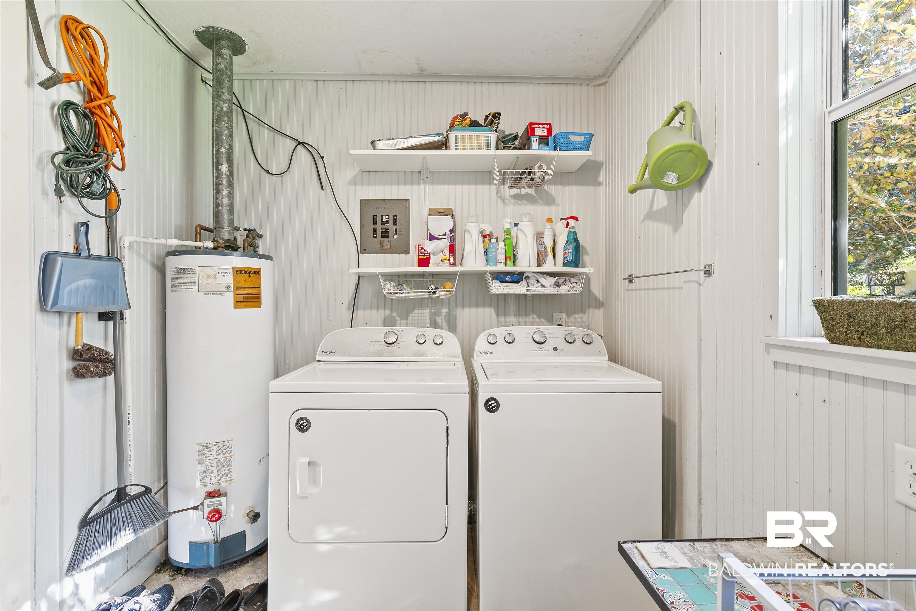 220 Pinecrest Lane Fairhope, AL 36532 - Photo 26 of 32 Washroom with water heater, independent washer and dryer, and wooden walls