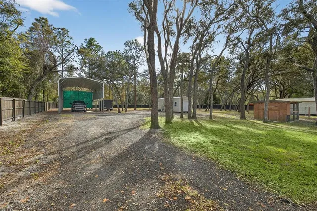 a view of a yard with large trees and a barn