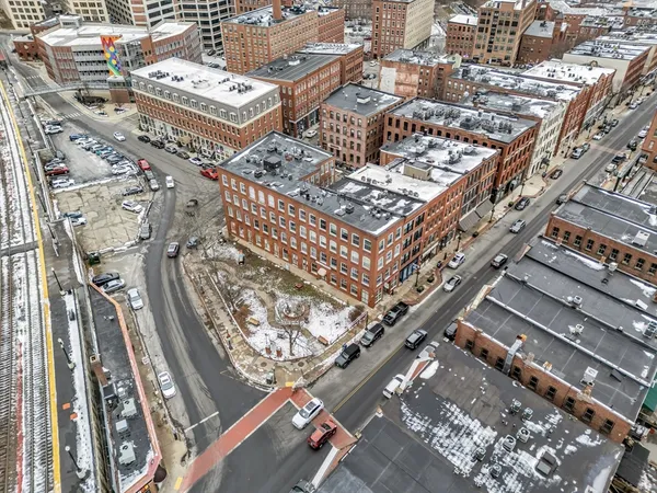 a view of a building and a street