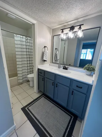 a bathroom with a double vanity sink mirror and toilet