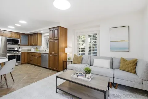 a living room with furniture and a kitchen