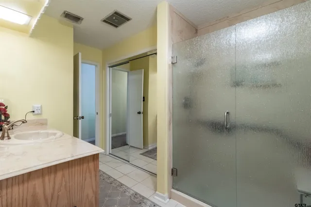 a bathroom with a granite countertop sink a shower and a mirror