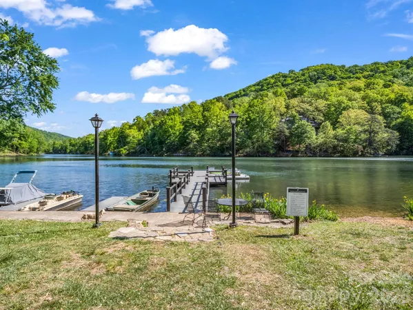 a view of a lake with a patio