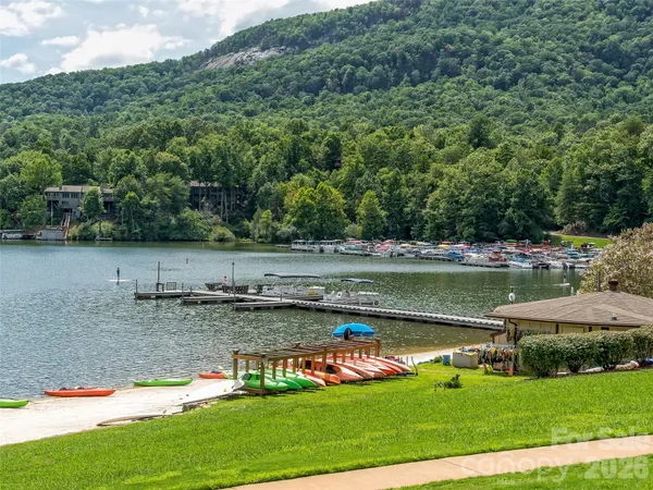 a view of a lake with a yard and large trees