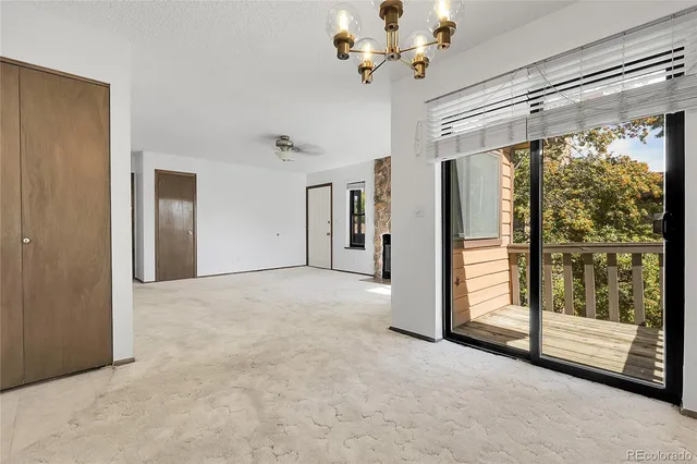 a view of a big room with a chandelier closet and entryway
