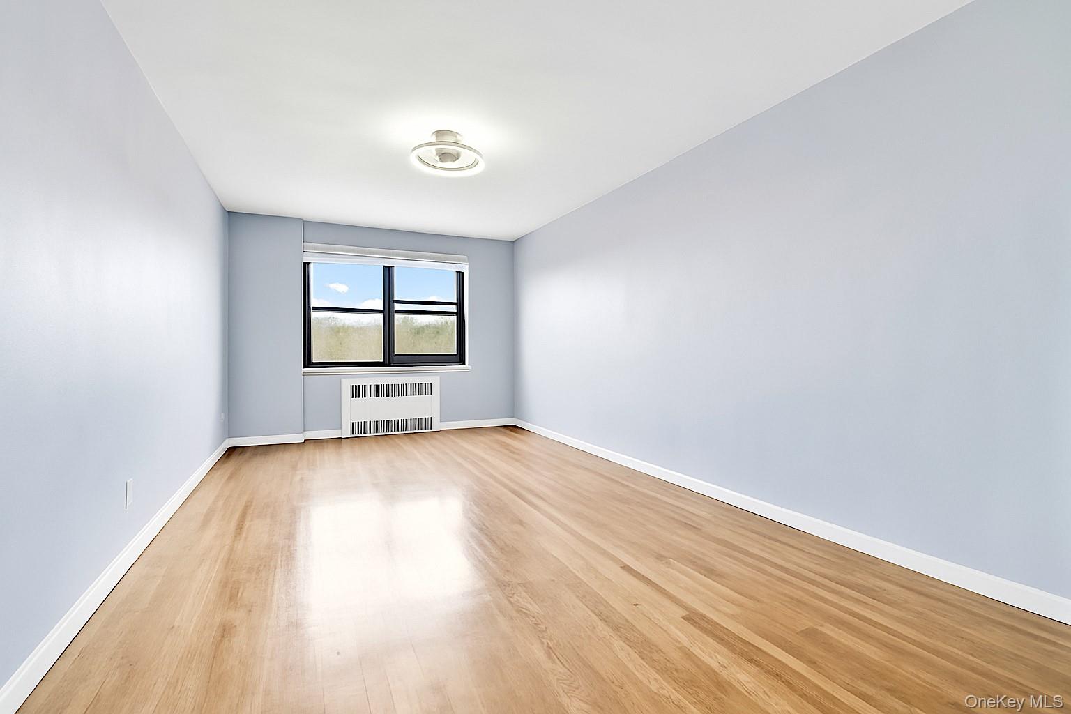 Empty room featuring light wood-style flooring and radiator