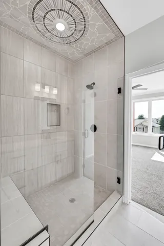 a view of a room that has a window in it