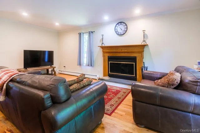a living room with furniture a fireplace and a flat screen tv