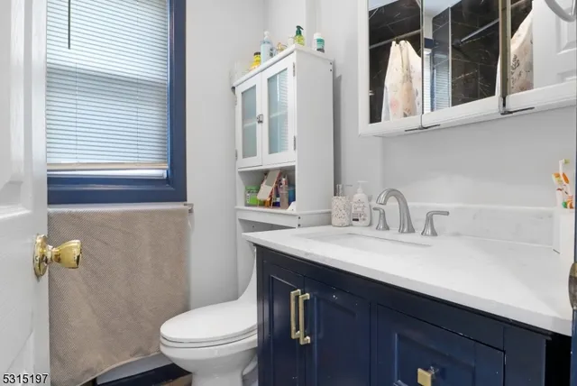 a bathroom with a granite countertop sink toilet and a mirror