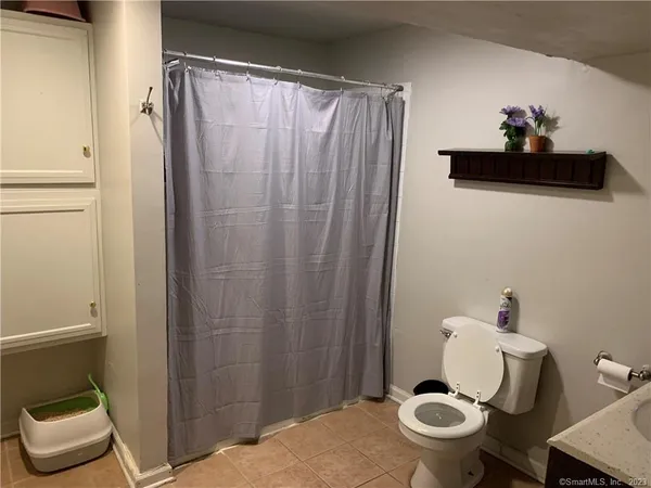 a bathroom with a toilet and a shower curtain