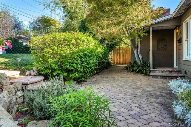 a view of a backyard with potted plants and a fountain