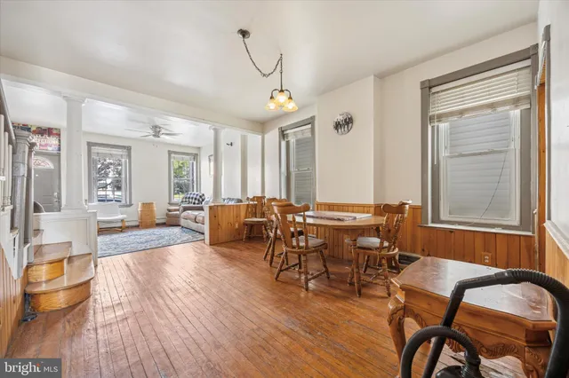 a view of a dining room with furniture window and wooden floor