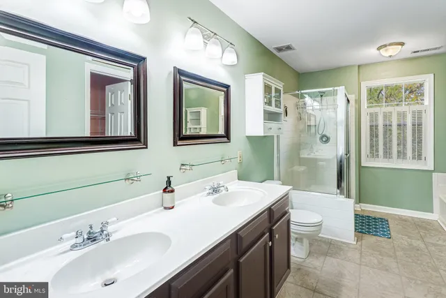 a bathroom with a double vanity sink mirror and toilet