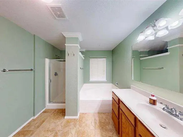 a spacious bathroom with a double vanity sink mirror and shower