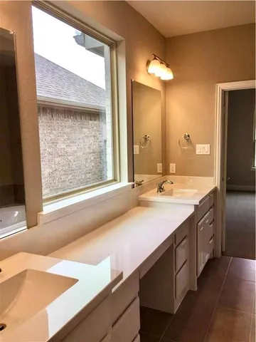 a bathroom with a sink and a large mirror